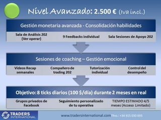 Nivel Avanzado: 2.500 € (Iva                                         incl.)
   Gestión monetaria avanzada - Consolidación habilidades
Sala de Análisis 202
                             9 Feedbacks individual     Sala Sesiones de Apoyo 202
    (Ver operar)




            Sesiones de coaching – Gestión emocional
Videos Recap           Compañero de          Tutorización            Control del
 semanales              trading 202           individual             desempeño




Objetivo: 8 ticks diarios (100 $/día) durante 2 meses en real
Grupos privados de         Seguimiento personalizado        TIEMPO ESTIMADO 4/5
    Facebook                    de tu operativa             meses (Acceso Limitado)


                            www.tradersinternational.comTfno.: +34 915 030 693
 