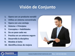 Visión de Conjunto
1.    Opera con un producto versátil
2.    Utiliza un sistema concentrado
3.    Opera con una ventaja
4.    Sistema + Principios
5.    Conceptos + Habilidades
6.    Da un paso cada vez
7.    Practica en un entorno seguro
8.    Desarrolla la disciplina
9.    Modela el éxito
10.   Identifica áreas de mejora



                           www.tradersinternational.comTfno.: +34 915 030 693
 