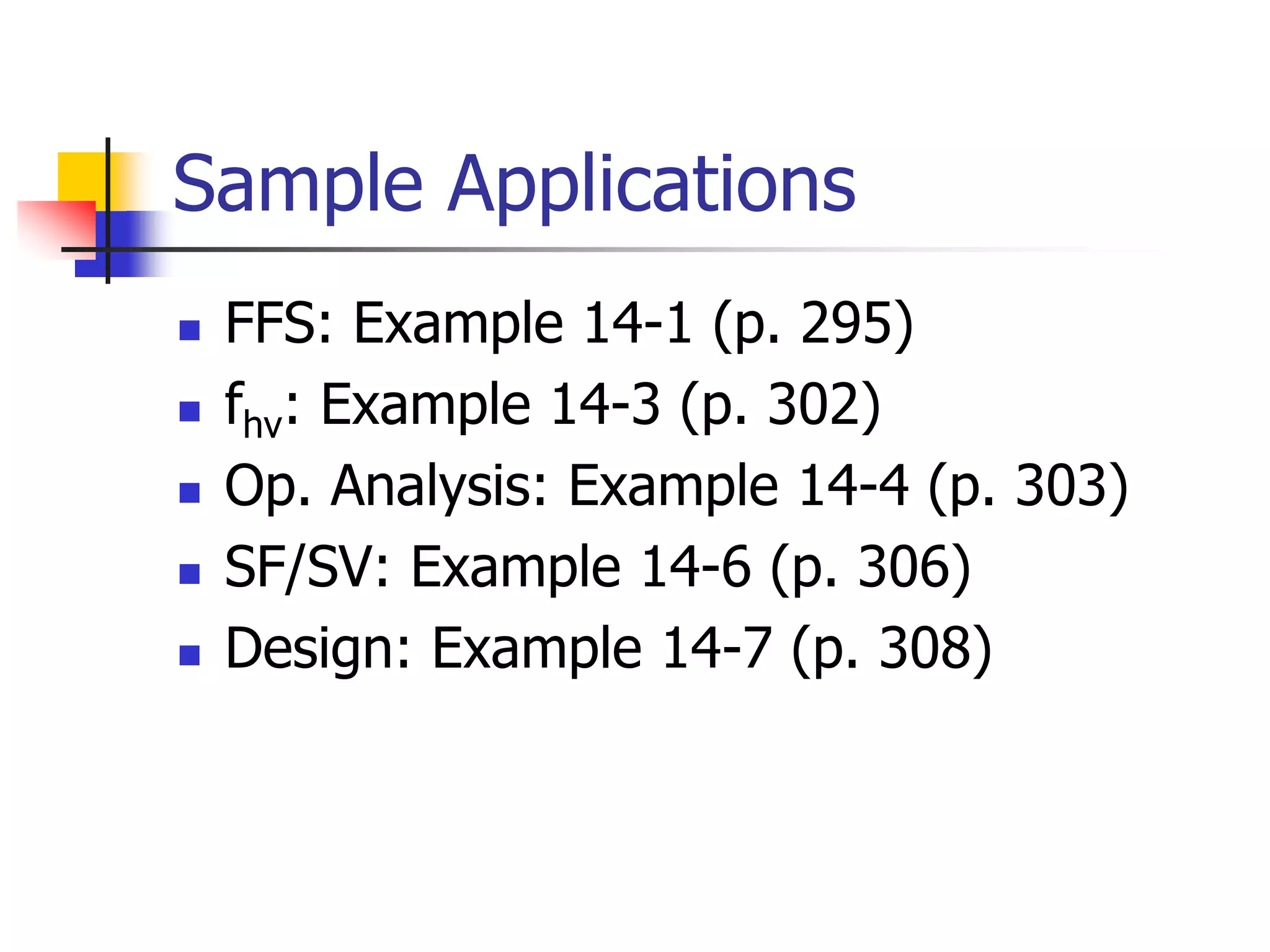 Sample Applications
 FFS: Example 14-1 (p. 295)
 fhv: Example 14-3 (p. 302)
 Op. Analysis: Example 14-4 (p. 303)
 SF/SV: Example 14-6 (p. 306)
 Design: Example 14-7 (p. 308)
 