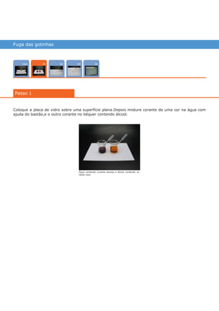 Fuga das gotinhas
Intro 0402 03
Passo 1
01
Coloque a placa de vidro sobre uma superfície plana.Depois misture corante de uma cor na água com
ajuda do bastão,e o outro corante no béquer contendo álcool.
Água contendo corante laranja e álcool contendo co-
rante roxo.
várias experiências, um só lugar
 
