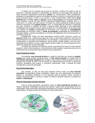 Curso de Fisiologia 2007 Ciclo de Neurofisiologia
Departamento de Fisiologia, IB Unesp-Botucatu Profa. Silvia M. Nishida
113
O cérebro usa os conceitos que já havia na memória e verifica se é capaz ou não de
identificar a sensação percebida. A propriedade de interpretar as informações que chegam as
áreas sensoriais associativas denomina-se gnosia (ou conhecimento). Mais precisamente,
percepção é a capacidade de associar informações sensoriais à memória e à cognição de modo a
formar conceitos sobre o mundo e nos orientar o nosso comportamento. Assim temos áreas
gnósicas para os objetos vistos ou tateados e para os sons ouvidos. Se uma pessoa estiver de
olhos fechados, ouvindo os sons de um instrumento musical poderá identificar qual é o
instrumento e a musica que está tocando. As lesões nas áreas associativas auditivas causam
sintomas conhecidos como agnosia auditiva, isto é, a incapacidade de interpretar o significado
dos sons. Conforme a extensão da lesão, a agnosia estará associada a uma determinada
modalidade sensorial (agnosia visual, agnosia auditiva, etc.). As lesões podem ser tão especificas
que resultam em amusia (incapacidade de reconhecer sons musicais) ou prosopagnosia
(incapacidade de reconhecer faces), a afasia de percepção (incapacidade de compreender a
linguagem falada), a agnosia somestésica ou síndrome de negligencia (não reconhece partes do
seu próprio corpo) etc.
Analogamente, lesões nas áreas associativas motoras (córtex pré-motor) causam as
apraxias. Neste caso, o paciente será capaz de iniciar os movimentos voluntários, mas como há
comprometimento nas áreas de planejamento da motricidade, a organização do movimento fica
comprometida: os pacientes não conseguem realizar tarefas motoras simples, mas que foram
aprendidas como abotoar a camisa, calçar sapatos, pentear, digitar, etc. Ele se esquece de como
realizar as seqüências motoras adequadas.
As lesões dos pacientes com agnosias situam-se geralmente em áreas do córtex parietal
posterior e córtex ínfero-temporal ou na face lateral do córtex occipital. Essas áreas situam-se na
confluência entre as áreas sensoriais primarias ou áreas associativas.
Áreas Primárias do Córtex
Por definição, área sensorial primária é a região do neocórtex que recebe as projeção
talâmica dos vários sentidos somáticos gerais. A área motora primária é a região onde os
movimentos voluntários somáticos são iniciados e cujos axônios corticais projetam-se para as
porções mais caudais do SNC a fim de recrutar os motoneurônios que inervam os grupos de
músculos necessários para realizar o movimento intencionado. Todo o restante do córtex
correspondem a áreas de associação.
Área Cortical Secundária
Nos primatas, ao lado de cada área sensorial primária existe uma área sensorial
secundária correspondente àquela modalidade. Depois que uma determinada via sensorial
projetou as informações periféricas em sua respectiva área de projeção cortical, tornando o
individuo consciente sobre a natureza e origem do estimulo sensorial, segue-se o processo de
análise e interpretação.
Áreas de Associação Corticais Terciárias
Entre as áreas associativas secundárias, estão as áreas associativas terciárias que
integram diferentes modalidades sensoriais que ganham riqueza tanto de percepção como na
interpretação. Essas áreas estão intimamente associadas com funções complexas e exclusivas da
nossa espécie. As áreas corticais são divididas em três principais áreas.
 