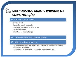 MELHORANDO SUAS ATIVIDADES DE
  COMUNICAÇÃO
05. Pratique a escuta ativa
 •   Contato visual
 •   Expressões faciais adequadas
 •   Paráfrases, evitar gestos de distração
 •   Evitar interromper
 •   Evitar falar ao mesmo tempo


06. Coerência entre as palavras e gestos

07. Utilize a rede de rumores
 • Os dirigentes recebem feedback a partir da rede de rumores, repassa as
   informações desejadas
 • Os funcionários, por sua vez, buscam por estas informações
 