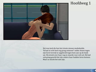 Hoofdweg 1
Het was Jack die hen het trieste nieuws mededeelde.
‘Ik had ze echt heel erg graag ontmoet!’ snikte Aimee tegen
zijn borst terwijl ze opgekruld tegen hem aan op de bank
zat. Hij streek over haar rug en staarde voor zich uit. Hij had
ook graag gewild dat zijn ouders haar hadden leren kennen.
Maar zo mocht het niet zijn.
 