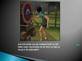 Aan het einde van de middag haalt ze alle bijlen weer voorzichtig uit de stam en legt ze terug in de opbergkist.