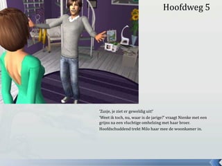 Hoofdweg 5




‘Zusje, je ziet er geweldig uit!’
‘Weet ik toch, nu, waar is de jarige?’ vraagt Nienke met een
grijns na een vluchtige omhelzing met haar broer.
Hoofdschuddend trekt Milo haar mee de woonkamer in.
 
