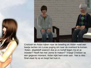 Cristiaan en Aidan kijken naar de tweeling en Aidan moet een beetje lachen om Lucas poging om naar de overkant te komen. ‘Aidan, alsjeblieft waarom doe je zo kortaf tegen mij en je moeder? Heeft het met Jamie te maken?’ Vraagt Cristiaan op een gegeven moment. Aidan kijkt hem even aan. ‘Het is niks.’ Snel staat hij op en loopt het huis in. 