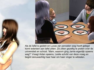 Als de tafel is gedekt en Lucas zijn penselen weg heeft gelegd komt iedereen aan tafel zitten. Ze zitten gezellig te praten over de universiteit en school. ‘Mam, waarom ging Jamie eigenlijk opeens weg?’ Vraagt Aidan opeens, Leslie schrikt van deze vraag en begint zenuwachtig haar haar om haar vinger te wikkelen. 