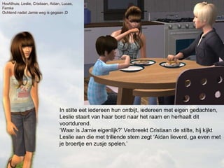 In stilte eet iedereen hun ontbijt, iedereen met eigen gedachten, Leslie staart van haar bord naar het raam en herhaalt dit voortdurend. ‘Waar is Jamie eigenlijk?’ Verbreekt Cristiaan de stilte, hij kijkt Leslie aan die met trillende stem zegt ‘Aidan lieverd, ga even met je broertje en zusje spelen.’ Hoofdhuis; Leslie, Cristiaan, Aidan, Lucas, Femke  Ochtend nadat Jamie weg is gegaan ;D 