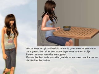 Als ze weer terugkomt besluit ze iets te gaan eten, al snel nadat ze is gaan zitten zit er een vrouw tegenover haar en vrolijk kletsen ze over van alles en nog wat. Pas als het laat in de avond is gaat de vrouw naar haar kamer en Jamie doet het zelfde. 