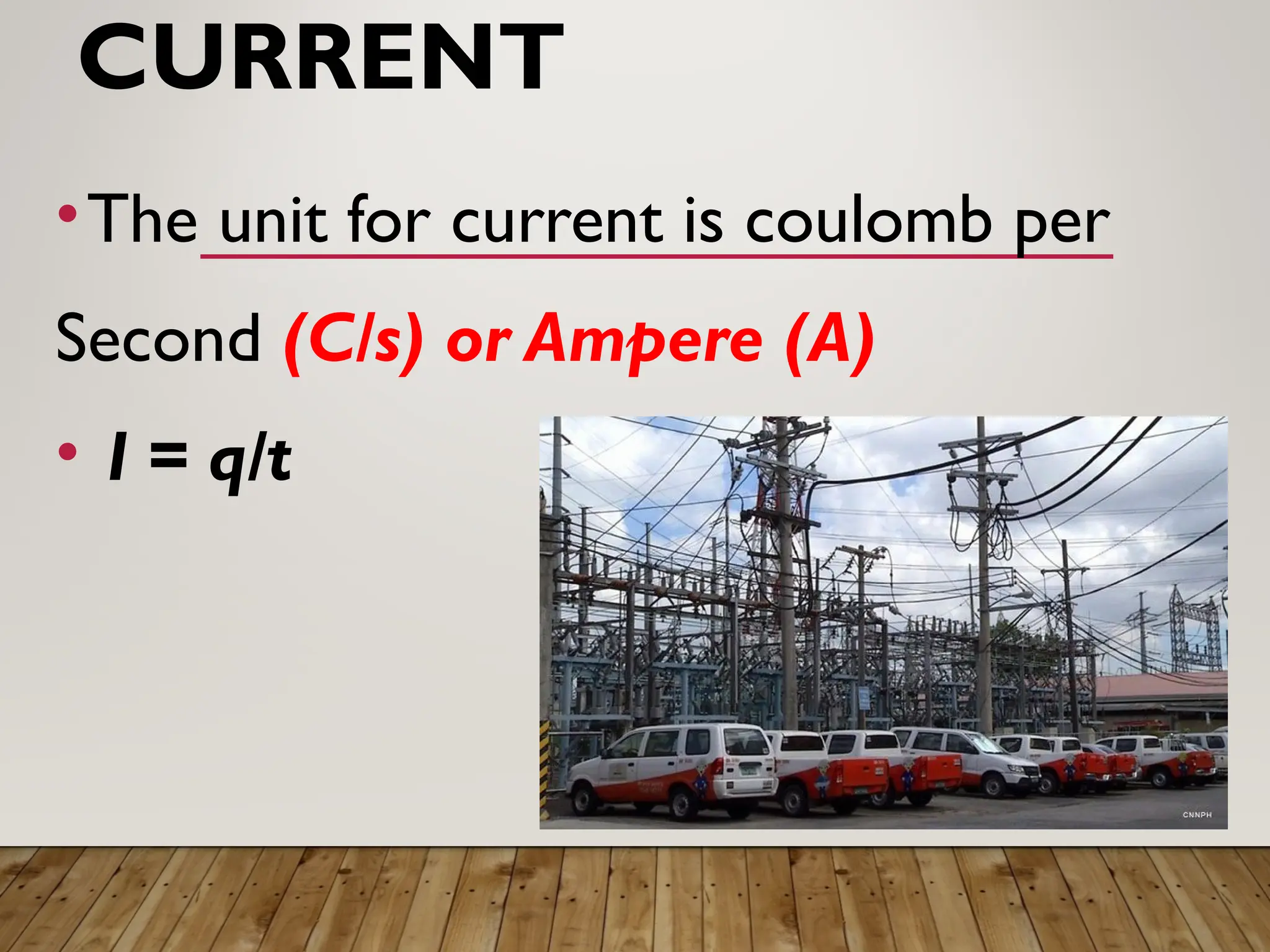 CURRENT
•The unit for current is coulomb per
Second (C/s) or Ampere (A)
• I = q/t
 