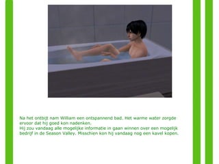 Na het ontbijt nam William een ontspannend bad. Het warme water zorgde ervoor dat hij goed kon nadenken. Hij zou vandaag alle mogelijke informatie in gaan winnen over een mogelijk bedrijf in de Season Valley. Misschien kon hij vandaag nog een kavel kopen. 