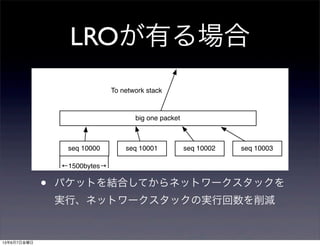 LROが有る場合
• パケットを結合してからネットワークスタックを
実行、ネットワークスタックの実行回数を削減
seq 10000 seq 10001 seq 10002 seq 10003
←1500bytes→
To network stack
big one packet
13年6月7日金曜日
 