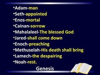 •Adam-man
•Seth-appointed
•Enos-mortal
•Cainan-sorrow
•Mahalaleel-The blessed God
•Jared-shall come down
•Enoch-preaching
•Methuselah-His death shall bring
•Lamech-the despairing
•Noah-rest.
Genesis
 