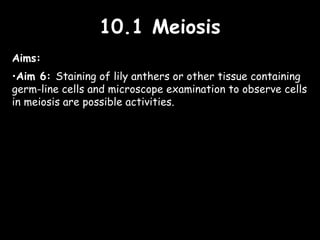 10.1 Meiosis10.1 Meiosis
Aims:
•Aim 6: Staining of lily anthers or other tissue containing
germ-line cells and microscope examination to observe cells
in meiosis are possible activities.
 