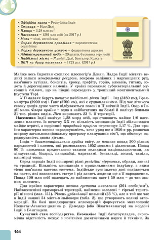 164
Майже весь ндостан охоплює плоскогір’я Декан. Надра ндії містять ве-
ликі запаси мінеральних ресурсів, зокрема залізних і марганцевих руд,
кам’яного вугілля, бокситів, хрому, графіту, торію, алмазів, титану, зо-
лота й дорогоцінних каменів. У країні переважає субекваторіальний му-
сонний клімат, що на півдні переходить у тропічний континентальний
(пустеля Тар).
У Гімалаях беруть початок найбільші річки ндії – нд (3180 км), Брах-
мапутра (2900 км) і Ганг (2700 км), які є судноплавними. Під час літнього
сезону дощів дуже часто відбуваються повені в Північній ндії. Озер в н-
дії мало. Флора країни – одна з найбагатших на Землі й налічує близько
21 тис. різних видів. Ліси вкривають 23 її території.
Íа е енн ндії налічує 1,28 млрд осіб, що становить майже 1/6 насе-
лення планети. з початку ст. кількість мешканців ндії збільшилася
майже втричі, а щорічний природний приріст перевищує 1,17 . Для кра-
їни характерна висока народжуваність, хоча уряд ще з 1950-х рр. розпочав
широку загальнонаціональну програму планування сім’ї, що обмежує на-
роджуваність двома дітьми.
ндія – багатонаціональна країна світу, де мешкає понад 500 різних
народностей і племен, які розмовляють 1652 мовами і діалектами. Понад
90 населення представлено такими великими національностями, як
хіндустанці, біхарці, панджабці, маратхамі, бенгальці, ассамі, таміли,
кашмірці тощо.
Серед народів ндії поширені різні релігійні вірування, обряди, звичаї
та традиції. Більшість мешканців є прихильниками індуїзму, з яким
тісно пов’язана кастова система. ндійське суспільство досі поділяється
на касти, які визначають статус і рід занять людини ще з її народження.
Понад 100 млн осіб належать до найнижчих каст і 50 млн – до так зва-
них «племен».
Для країни характерна висока густота населення (364 особи/км2
).
Найзаселеніші приморські території, найменш заселені – гірські терито-
рії півночі (мал. 111). Рівень урбанізації низький (33 ), але в той же час
в ндії наявні 54 міста-мільйонери (табл. 2), що утворюють великі агло-
мерації. На базі швидкорослих агломерацій формується мегалополіс
Колката– сансол–долина р. Дамодар (або Візагмаханагар) на кордоні
ндії з Бангладеш.
у а ни тан о одар тва. Åêîíîìіêà ндії багатоукладна, еконо-
мічна відсталість межує з новітніми досягненнями науки й техніки. За
• Îôіöіéíà íàçâà – Республіка Індія
• Ñòîëèöÿ – Нью-Делі
• Ïëîùà – 3,28 млн км2
• Íàñåëåííÿ – 1281 млн осіб (на 2017 р.)
• Ìîâè – хінді, англійська
• Ôîðìà äåðæàâíîãî ïðàâëіííÿ – парламентська
республіка
• Ôîðìà äåðæàâíîãî óñòðîþ – федеративна держава
• Àäìіíіñòðàòèâíèé ïîäіë – 29 штатів, 6 союзних територій
• Íàéáіëüøі ìіñòà – Мумбаї, Делі, Бангалор, Колката
• ÂÂÏ íà äóøó íàñåëåííÿ – 1723 дол. (2017 р.)
 