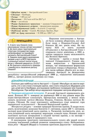 186
Першими поселенцями в встра-
лії були племена аборигенів, які при-
були сюди з Південно-Східної зії
близько 40 тис. років тому. На по-
чатку I ст. шість колоній
об’єдналися в встралійський Союз і
отримали статус домініону, а 1931 р.
країна одержала повну незалежність
від Великої Британії.
встралія – країна у складі Бри-
танської Співдружності. Главою дер-
жави номінально є британський
монарх, чиї повноваження формально
делеговані генерал-губернатору. Остан-
нім часом набирає обертів рух за пере-
творення встралії на федеративну
республіку: австралійський референдум 1999 р., соціологічні опитування
2005 р., настрої деяких політичних кіл тощо.
ДІЗНАЙТЕСß ÁІЛÜØЕ
Оскільки два найбільші міста Австралії — Сідней і Мельбурн не змогли вирі-
шити, хто з них стане столицею країни, нею стало спеціально збудоване для
цих цілей місто Канберра, розташоване приблизно посередині між Сіднеєм і
Мельбурном. При виборі місця керувалися порадами чаклунів-аборигенів.
Природно-ресурсний потенціал. У рель фі встралії переважають рів-
нини. Близько 95 поверхні не перевищує 600 м над рівнем моря (За-
хідно- встралійське плоскогір’я, ентральна низовина), у межах яких
лежать величезні пустелі (Велика Піщана, Сімпсон, Велика пустеля Ві-
кторія, Гібсона). На сході континенту здіймаються старі невисокі гори
герцинської складчастості – Великий Вододільний хребет.
Мінеральні ресурси – основне природне багатство країни. ї надра воло-
діють величезними запасами бокситів (⅓ світових), урану (30 світових),
залізної руди (північний захід країни, о. Тасманія), поліметалів, міді, зо-
лота (південний захід материка), марганцю, алмазів тощо. Основні запаси
кам’яного вугілля зосереджені в східній частині країни, а на шельфі –
великі родовища нафти й природного газу.
З пануванням тропічного континентального сухого або вкрай сухого
клімату пов’язаний слабкий розвиток поверхневого стоку. Найповновод-
ніша ріка – Муррей (Маррі) із головною притокою Дарлінгом – найдовшою
1. З якого часу Океанія стала
рівноправним членом світової економіки?
2. До якого рівня територіальної
структури господарства (ядра,
напівпериферії чи периферії)
належить Австралійський Союз?
3. Завдяки яким вдало врахованим
умовам участі в МПП Австралія
з колишньої колонії посіла чільне
місце у «Великій двадцятці» (G-20)?
4. Як пояснити унікальність природи
і самобутність населення регіону
Океанія?
ПРИГАДАЙТЕ
• Îôіöіéíà íàçâà – Австралійський Союз
• Ñòîëèöÿ – Канберра
• Ïëîùà – 7,69 млн км2
• Íàñåëåííÿ – 23,2 млн осіб (на 2017 р.)
• Ìîâà – англійська
• Ôîðìà äåðæàâíîãî ïðàâëіííÿ – держава Співдружності
• Ôîðìà äåðæàâíîãî óñòðîþ – федеративна держава
• Àäìіíіñòðàòèâíèé ïîäіë – 6 штатів і 2 території
• Íàéáіëüøі ìіñòà – Сідней, Мельбурн, Брісбен, Перт
• ÂÂÏ íà äóøó íàñåëåííÿ – 51 850 дол. (2017 р.)
 