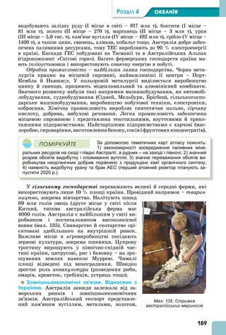 189
ÐÎÇÄІË 4 ОКЕАНІß
видобувають залізну руду (I місце в світі – 817 млн т), боксити (I місце –
81 млн т), золото (II місце – 270 т), марганець (II місце – 3 млн т), уран
(III місце – 5,6 тис. т), кам’яне вугілля (I місце – 492 млн т), срібло ( місце –
1400 т), а також цинк, свинець, алмази, кобальт тощо. встралія добре забез-
печена паливними ресурсами, тому ТЕС виробляють до 90 електроенергії
в країні. Каскади ГЕС побудовані на Тасманії та в встралійських льпах
(гідрокомплекс «Снігові гори»). Багато фермерських господарств країни ма-
ють геліоустановки і використовують сонячну енергію в побуті.
Обробна промисловість – найбільша ланка господарства. орна мета-
лургія працює на місцевій сировині, найважливіші її центри – Порт-
Кембла й Ньюкасл. У кольоровій металургії виділяється виробництво
цинку й свинцю, працюють мідеплавильний та алюмінієвий комбінати.
Значного розвитку набули такі напрямки машинобудування, як автомобі-
лебудування, суднобудування (Сідней, Мельбурн, Брісбен), сільськогоспо-
дарське машинобудування, виробництво побутової техніки, електроніки,
озброєння. Хімічна промисловість виробляє синтетичне пальне, сірчану
кислоту, добрива, вибухові речовини. Легка промисловість забезпечена
місцевою сировиною і представлена текстильними, взуттєвими й трико-
тажними підприємствами. Найстарішими підприємствами є харчові (мас-
лоробне,сироваріння,виготовленнябекону,соківіфруктовихконцентратів).
За допомогою тематичних карт атласу поясніть:
1) закономірності зосередження паливних міне-
ральних ресурсів на сході і півдні Австралії, а рудних – на заході і півночі; 2) значний
розрив обсягів видобутку і споживання вугілля; 3) значне переважання обсягів ви-
робництва неорганічних добрив порівняно з продукцією хімії органічного синтезу;
4) наявність видобутку урану та брак АЕС (перший атомний реактор планують за-
пустити 2020 р.).
ÏÎÌІÐÊÓÉÒÅ
У ñіëüñüêîìó ãîñïîäàðñòâі переважають великі й середні ферми, які
використовують лише 10 площі країни. Провідний напрямок – тварин
íèöòâî, зокрема вівчарство. Налічують понад
89 млн голів овець (друге місце у світі після
Китаю), типова австралійська ферма має
4000 голів. встралія є найбільшим у світі ви-
робником і постачальником високоякісної
вовни (мал. 135). Свинарство й скотарство орі-
єнтовані здебільшого на внутрішній ринок.
Важливе місце в агровиробництві посідають
зернові культури, зокрема пшениця. укрову
тростину вирощують у північно-східній час-
тині країни, цитрусові, рис і бавовну – на зро-
шуваних землях навколо Муррею. ималі
площі відведені під виноградники. видко
зростає роль аквакультури (розведення риби,
омарів, креветок, гребінців, устриць тощо).
Зовнішньоекономічні зв’язки. Відносини з
Україною. встралія завжди залежала від за-
морських ринків і зовнішньоекономічних
зв’язків. встралійський експорт представле-
ний кам’яним вугіллям, металами, золотом,
Мал. 135. Стрижка
австралійських мериносів
 