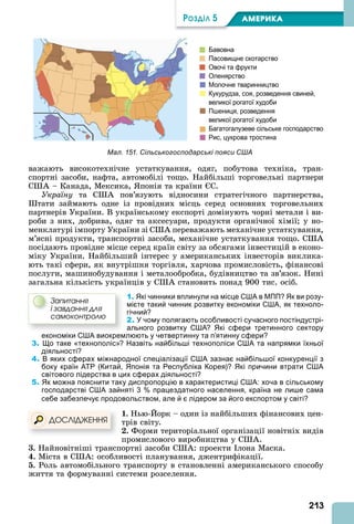 213
ÐÎÇÄІË 5 АМЕРИКА
важають високотехнічне устаткування, одяг, побутова техніка, тран-
спортні засоби, нафта, автомобілі тощо. Найбільші торговельні партнери
С – Канада, Мексика, понія та країни С.
Україну та С пов’язують відносини стратегічного партнерства,
тати займають одне із провідних місць серед основних торговельних
партнерів України. В українському експорті домінують чорні метали і ви-
роби з них, добрива, одяг та аксесуари, продукти органічної хімії у но-
менклатурі імпорту України зі С переважають механічне устаткування,
м’ясні продукти, транспортні засоби, механічне устаткування тощо. С
посідають провідне місце серед країн світу за обсягами інвестицій в еконо-
міку України. Найбільший інтерес у американських інвесторів виклика-
ють такі сфери, як внутрішня торгівля, харчова промисловість, фінансові
послуги, машинобудування і металообробка, будівництво та зв’язок. Нині
загальна кількість українців у С становить понад 900 тис. осіб.
1. Які чинники вплинули на місце США в МПП? Як ви розу-
мієте такий чинник розвитку економіки США, як техноло-
гічний?
2. У чому полягають особливості сучасного постіндустрі-
ального розвитку США? Які сфери третинного сектору
економіки США виокремлюють у четвертинну та п’ятинну сфери?
3. Що таке «технополіс»? Назвіть найбільші технополіси США та напрямки їхньої
діяльності?
4. В яких сферах міжнародної спеціалізації США зазнає найбільшої конкуренції з
боку країн АТР (Китай, Японія та Республіка Корея)? Які причини втрати США
світового лідерства в цих сферах діяльності?
5. Як можна пояснити таку диспропорцію в характеристиці США: хоча в сільському
господарстві США зайняті 3 % працездатного населення, країна не лише сама
себе забезпечує продовольством, але й є лідером за його експортом у світі?
. Нью- орк – один із найбільших фінансових цен-
трів світу.
. Форми територіальної організації новітніх видів
промислового виробництва у С .
. Найновітніші транспортні засоби С : проекти лона Маска.
. Міста в С : особливості планування, джентрифікації.
. Роль автомобільного транспорту в становленні американського способу
життя та формуванні системи розселення.
Çàïèòàííÿ
і çàâäàííÿ äëÿ
ñàìîêîíòðîëþ
ÄÎÑËІÄÆÅÍÍß
Мал. 151. Сільськогосподарські пояси США
 