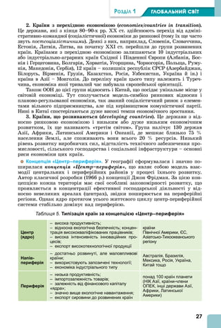 27
ÐÎÇÄІË 1 ÃËÎÁÀËÜÍÈÉ ÑÂІÒ
. ра ни з ерехідно еконо іко economies/countries in transition .
е держави, які з кінця 80–90-х рр. ХХ ст. здійснюють перехід від адміні-
стративно-командної (соціалістичної) економіки до ринкової (тому їх ще часто
звуть постсоціалістичними). Деякі з них, наприклад, Словенія, Словаччина,
Естонія, Латвія, Литва, на початку ХХ ст. перейшли до групи розвинених
країн. Країнами з перехідною економікою залишаються 10 індустріальних
або індустріально-аграрних країн Східної і Південної вропи ( лбанія, Бос-
нія і Герцеговина, Болгарія, Хорватія, Угорщина, орногорія, Польща, Руму-
нія, Македонія, Сербія), 12 країн – колишніх республік СРСР ( зербайджан,
Білорусь, Вірменія, Грузія, Казахстан, Росія, Узбекистан, Україна й ін.) і
країна в зії – Монголія. До переліку країн цього типу належить і Туреч-
чина, економіка якої тривалий час набувала європейської орієнтації.
Також ООН до цієї групи відносить і Китай, що посідає унікальне місце у
світовій економіці. Тут сполучається модель-симбіоз ринкових відносин і
планово-регульованої економіки, так званий соціалістичний ринок з елемен-
тами вільного підприємництва, але під керівництвом комуністичної партії.
Нині в Китаї спостерігаються дуже високі темпи економічного зростання.
. ра ни о розвива т developing countries . е держави з від-
носно ринковою економікою і низьким або дуже низьким економічним
розвитком, їх ще називають «третім світом». Група налічує 130 держав
зії, фрики, Латинської мерики і Океанії, де мешкає близько 75
населення Землі, але споживають вони всього 20 ресурсів. Низький
рівень розвитку виробничих сил, відсталість технічного забезпечення про-
мисловості, сільського господарства і соціальної інфраструктури – основні
риси економіки цих країн.
Концепція «Центр–периферія». У географії сформувалася і значно по-
ширилася êîíöåïöіÿ «Öåíòð–ïåðèôåðіÿ», що являє собою модель взає-
модії центральних і периферійних районів у процесі їхнього розвитку.
втор класичної розробки (1966 р.) концепції Джон Фрідман. За цією кон-
цепцією кожна територія має свої особливі закономірності розвитку, що
проявляється в концентрації ефективної господарської діяльності у від-
носно невеликих ареалах (центрах), звідки поширюється на периферійні
регіони. Однак ядро протягом усього життєвого циклу центр-периферійної
системи стабільно домінує над периферією.
Таблиця 5. Типізація країн за концепцією «Центр–периферія»
Центр
(ядро)
– висока продуктивність;
– відносна екологічна безпечність; концен-
трація висококваліфікованих працівників;
– висока інтенсивність інноваційних про-
цесів;
– експорт високотехнологічної продукції
країни
Північної Америки, ЄС,
Азіатсько-Тихоокеанського
регіону
Напів-
периферія
– достатньо розвинуті, але маловпливові
країни;
– використовують запозичені технології;
– економіка індустріального типу
Австралія, Бразилія,
Мексика, Росія, Україна,
Китай тощо
Периферія
– низька продуктивність;
– імпортозалежність товарів;
– залежність від фінансового капіталу
«ядра»;
– значно вище екологічне навантаження;
– експорт сировини до розвинених країн
понад 100 країн планети
(НІК Азії, країни-члени
ОПЕК, інші держави Азії,
Африки, Латинської
Америки)
 