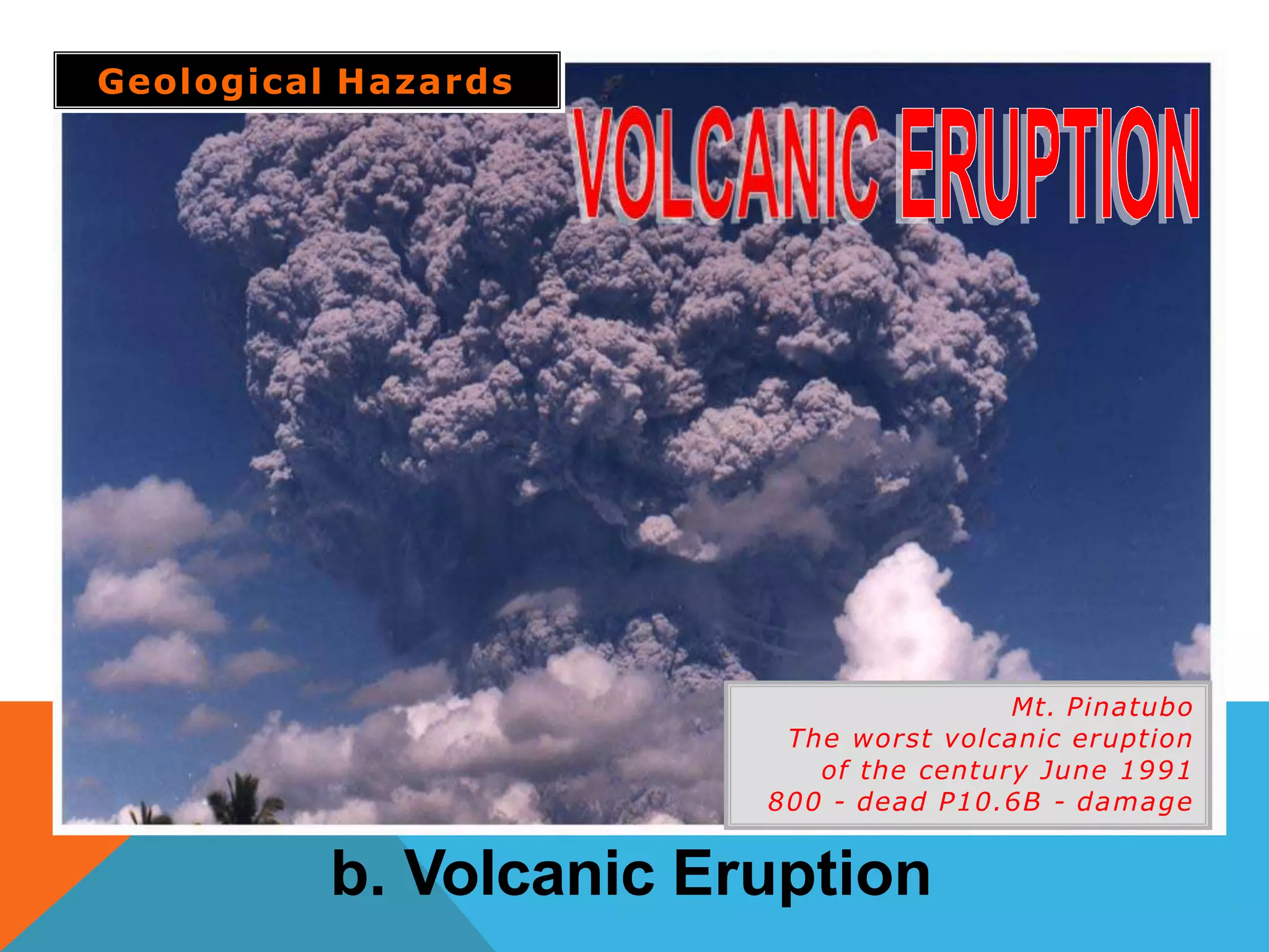 Mt. Pinatubo
The worst volcanic eruption
of the century June 1991
800 - dead P10.6B - damage
Geological Hazards
b. Volcanic Eruption
 