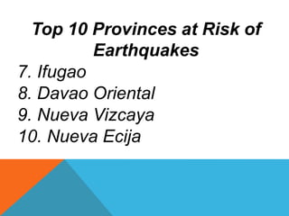 Top 10 Provinces at Risk of
Earthquakes
7. Ifugao
8. Davao Oriental
9. Nueva Vizcaya
10. Nueva Ecija
 