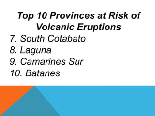 Top 10 Provinces at Risk of
Volcanic Eruptions
7. South Cotabato
8. Laguna
9. Camarines Sur
10. Batanes
 