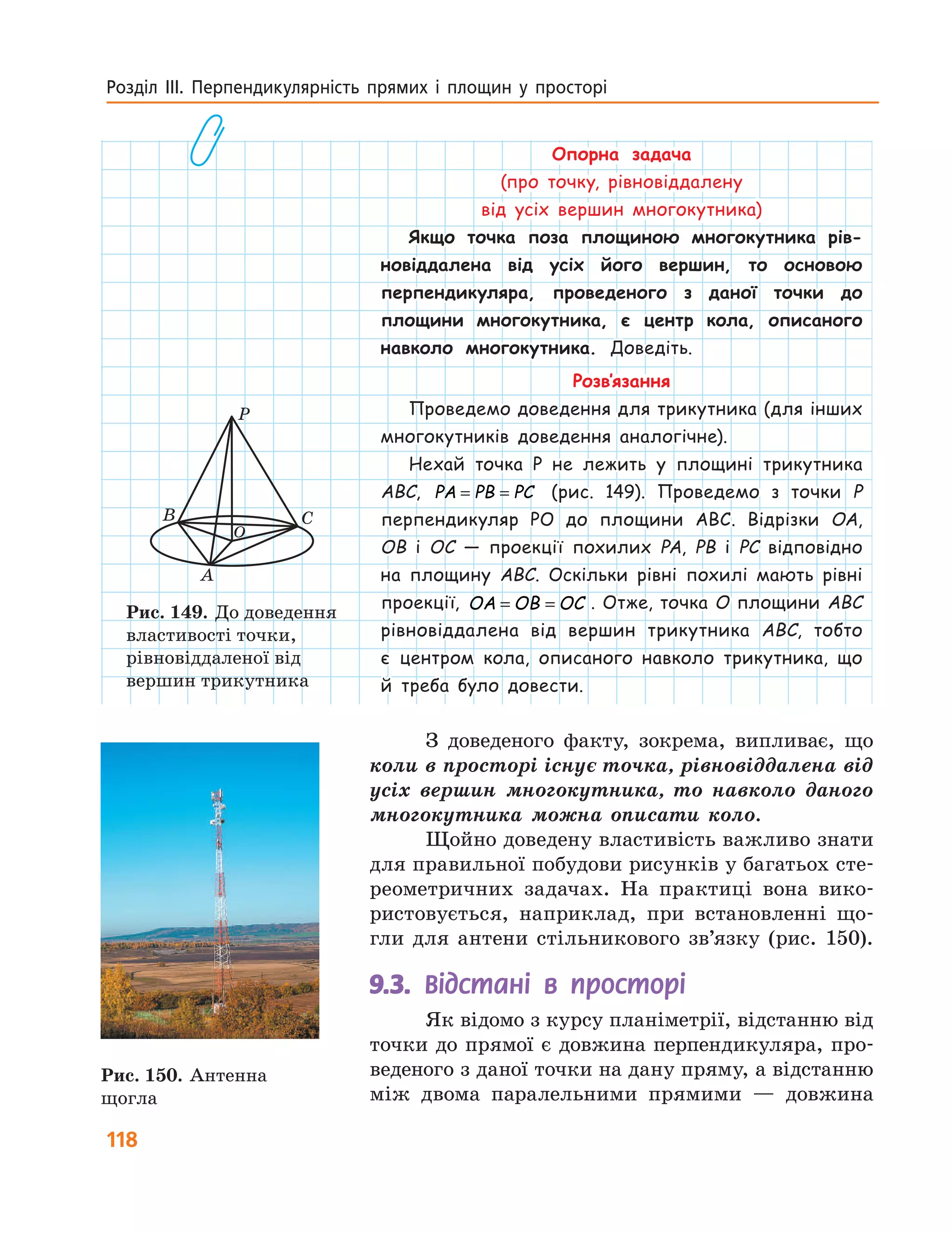118
Розділ ІІІ. Перпендикулярність прямих і площин у просторі
Опорна задача
(про точку, рівновіддалену
від усіх вершин многокутника)
Якщо точка поза площиною многокутника рів-
новіддалена від усіх його вершин, то основою
перпендикуляра, проведеного з даної точки до
площини многокутника, є центр кола, описаного
навколо многокутника. Доведіть.
Розв’язання
Проведемо доведення для трикутника (для інших
многокутників доведення аналогічне).
Нехай точка P не лежить у площині трикутника
ABC, PA PB PC= = (рис. 149). Проведемо з точки P
перпендикуляр PO до площини ABC. Відрізки OA,
OB і OC — проекції похилих PA, PB і PC відповідно
на площину ABC. Оскільки рівні похилі мають рівні
проекції, OA OB OC= = . Отже, точка O площини ABC
рівновіддалена від вершин трикутника ABC, тобто
є  центром кола, описаного навколо трикутника, що
й  треба було довести.
З доведеного факту, зокрема, випливає, що
коли в просторі існує точка, рівновіддалена від
усіх вершин многокутника, то навколо даного
многокутника можна описати коло.
Щойно доведену властивість важливо знати
для правильної побудови рисунків у багатьох сте-
реометричних задачах. На практиці вона вико-
ристовується, наприклад, при встановленні що-
гли для антени стільникового зв’язку (рис. 150).
9.3. Відстані в просторі
Як відомо з курсу планіметрії, відстанню від
точки до прямої є довжина перпендикуляра, про-
веденого з даної точки на дану пряму, а відстанню
між двома паралельними прямими — ­довжина
A
B C
P
O
Рис. 149.	До доведення
властивості точки,
рівновіддаленої від
вершин трикутника
Рис. 150.	Антенна
щогла
 