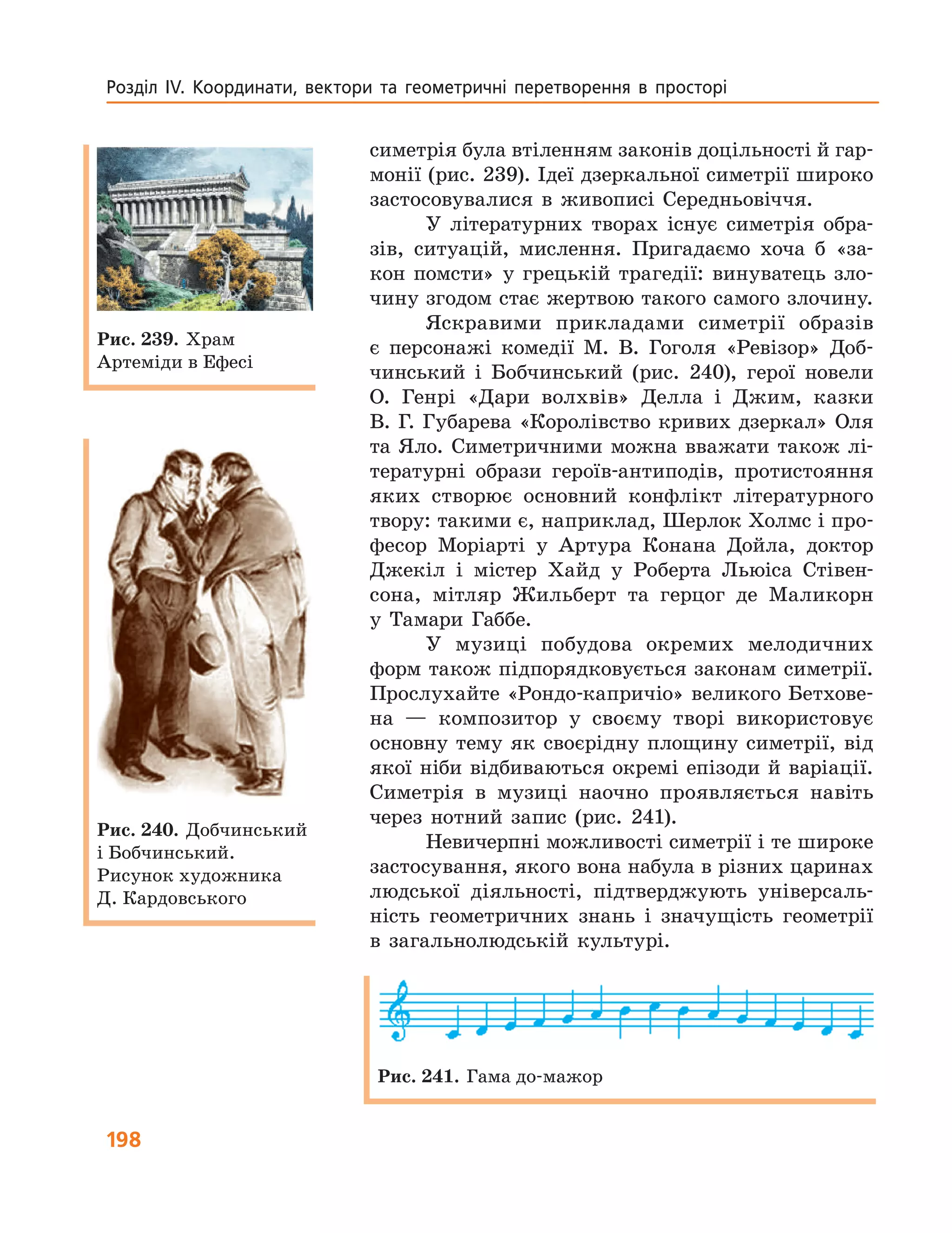 198
Розділ ІV. Координати, вектори та геометричні перетворення в просторі
симетрія була втіленням законів доцільності й гар-
монії (рис. 239). Ідеї дзеркальної симетрії широко
застосовувалися в живописі Середньовіччя.
У літературних творах існує симетрія обра-
зів, ситуацій, мислення. Пригадаємо хоча б «за-
кон помсти» у грецькій трагедії: винуватець зло-
чину згодом стає жертвою такого самого злочину.
Яскравими прикладами симетрії образів
є персонажі комедії М. В. Гоголя «Ревізор» Доб-
чинський і Бобчинський (рис. 240), герої новели
О. Генрі «Дари волхвів» Делла і Джим, казки
В. Г. Губарева «Королівство кривих дзеркал» Оля
та Яло. Симетричними можна вважати також лі-
тературні образи героїв-антиподів, протистояння
яких створює основний конфлікт літературного
твору: такими є, наприклад, Шерлок Холмс і про-
фесор Моріарті у Артура Конана Дойла, доктор
Джекіл і містер Хайд у Роберта Льюіса Стівен-
сона, мітляр Жильберт та герцог де Маликорн
у Тамари Габбе.
У музиці побудова окремих мелодичних
форм також підпорядковується законам симетрії.
Прослухайте «Рондо-капричіо» великого Бетхове-
на — композитор у своєму творі використовує
основну тему як своєрідну площину симетрії, від
якої ніби відбиваються окремі епізоди й варіації.
Симетрія в музиці наочно проявляється навіть
через нотний запис (рис. 241).
Невичерпні можливості симетрії і те широке
застосування, якого вона набула в різних царинах
людської діяльності, підтверджують універсаль-
ність геометричних знань і значущість геометрії
в загальнолюдській культурі.
Рис. 239. Храм
Артеміди в Ефесі
Рис. 240. Добчинський
і Бобчинський.
Рисунок художника
Д. Кардовського
Рис. 241. Гама до-мажор
 