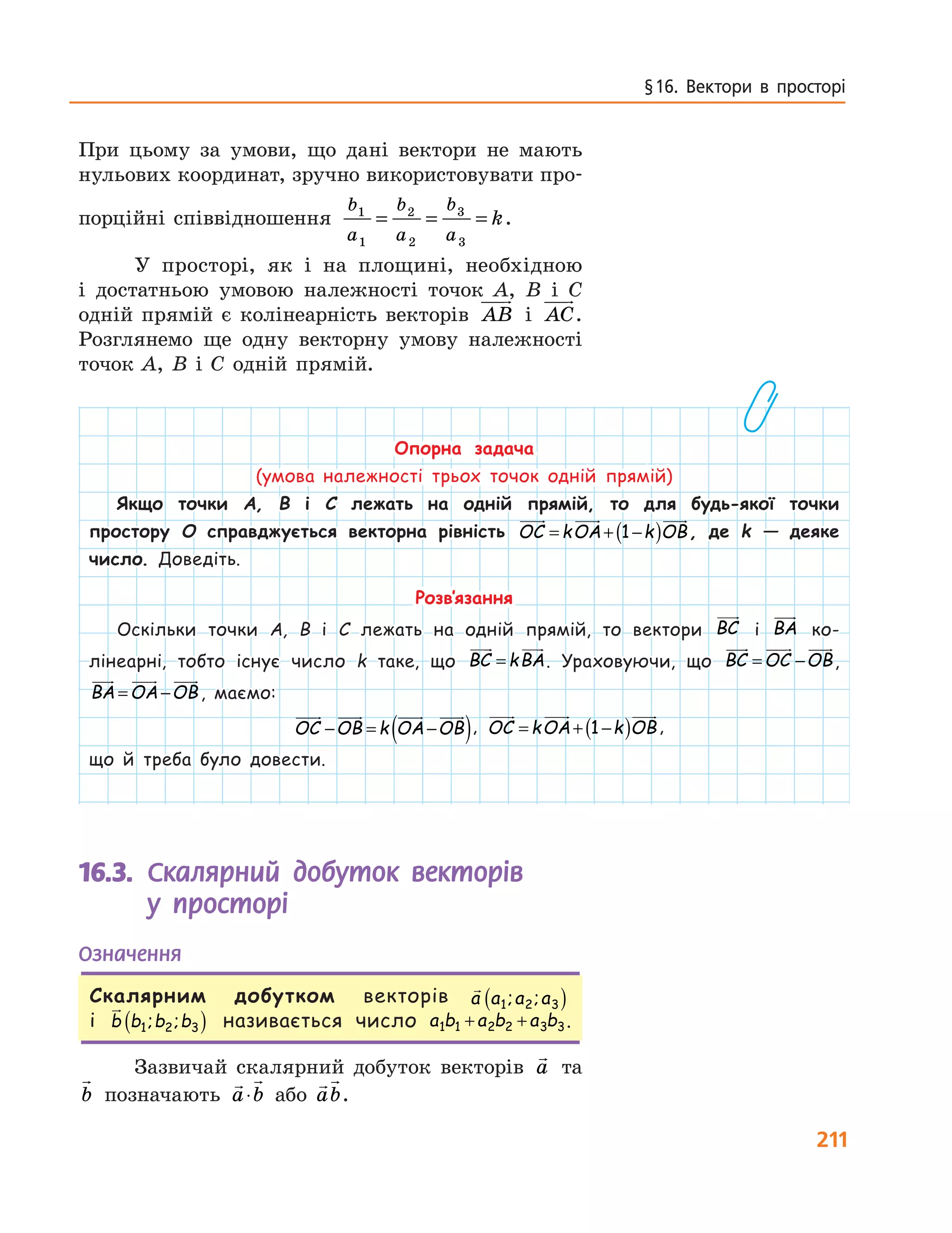 211
§ 16. Вектори в просторі
При цьому за умови, що дані вектори не мають
нульових координат, зручно використовувати про-
порційні співвідношення
b
a
b
a
b
a
k1
1
2
2
3
3
= = = .
У просторі, як і на площині, необхідною
і достатньою умовою належності точок A, B і C
одній прямій є колінеарність векторів AB і AC.
Розглянемо ще одну векторну умову належності
точок A, B і C одній прямій.
Опорна задача
(умова належності трьох точок одній прямій)
Якщо точки A, B і C лежать на одній прямій, то для будь-якої точки
простору O справджується векторна рівність OC kOA k OB= + −( )1 , де k — деяке
число. Доведіть.
Розв’язання
Оскільки точки A, B і C лежать на одній прямій, то вектори BC і BA ко-
лінеарні, тобто існує число k таке, що BC kBA= . Ураховуючи, що BC OC OB= − ,
BA OA OB= − , маємо:
OC OB k OA OB− = −( ), OC kOA k OB= + −( )1 ,
що й треба було довести.
16.3. Скалярний добуток векторів
у просторі
Означення
Скалярним добутком векторів a a a a1 2 3; ;( )
і b b b b1 2 3; ;( ) називається числоa b a b a b a b⋅ = + +1 1 2 2 3 3.
Зазвичай скалярний добуток векторів a та
b позначають a b ab⋅ абоa b ab⋅ .
 