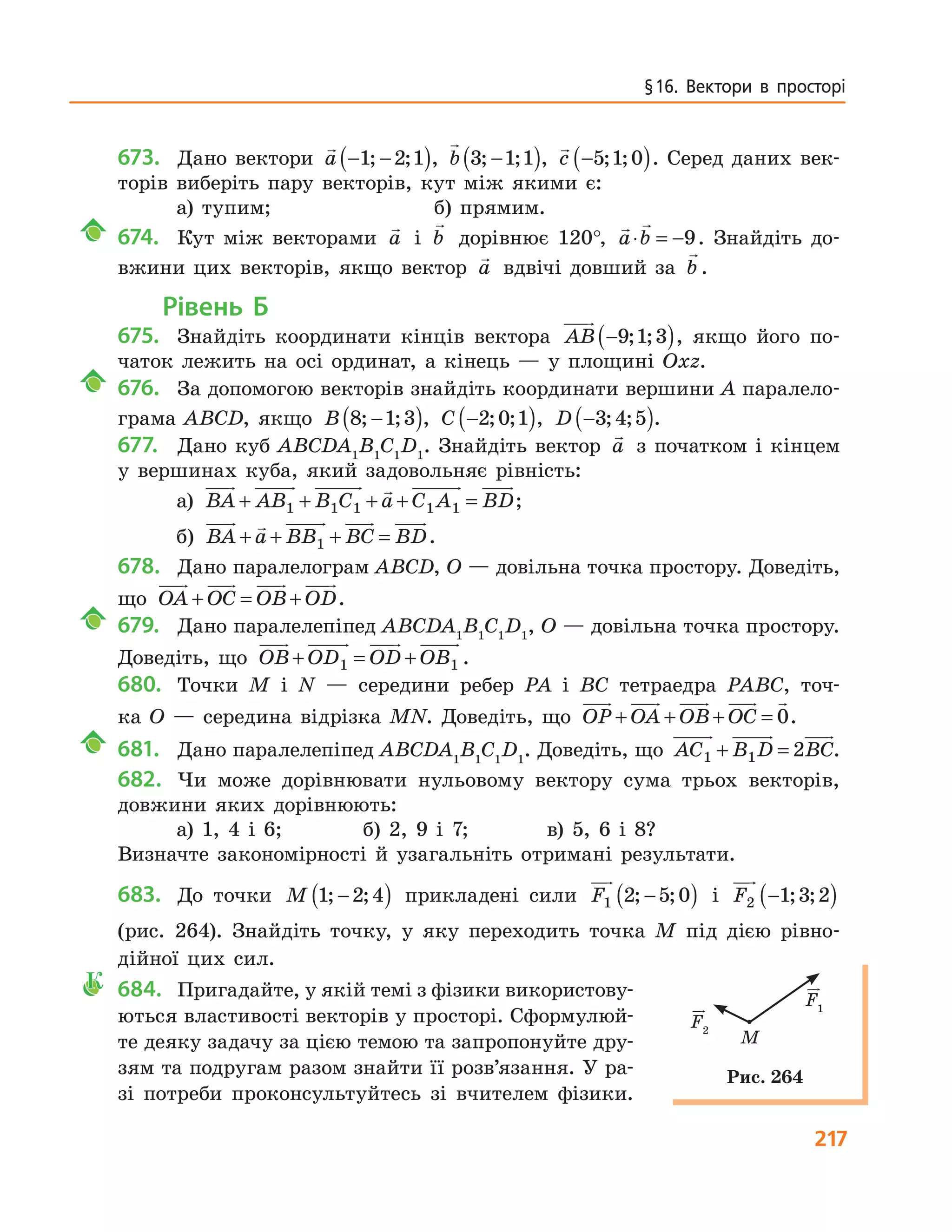 217
§ 16.  Вектори  в  просторі
673. Дано вектори a − −( )1 2 1; ; , b 3 1 1; ;−( ), c −( )5 1 0; ; . Серед даних век-
торів виберіть пару векторів, кут між якими є:
а) тупим; б) прямим.
674. Кут між векторами a і b дорівнює 120°, a b⋅ = −9. Знайдіть до-
вжини цих векторів, якщо вектор a вдвічі довший за b .
Рівень Б
675. Знайдіть координати кінців вектора AB −( )9 1 3; ; , якщо його по-
чаток лежить на осі ординат, а кінець — у площині Oxz.
676. За допомогою векторів знайдіть координати вершини A паралело-
грама ABCD, якщо B 8 1 3; ;−( ), C −( )2 0 1; ; , D −( )3 4 5; ; .
677. Дано куб ABCDA1
B1
C1
D1
. Знайдіть вектор a з початком і кінцем
у вершинах куба, який задовольняє рівність:
а) BA AB B C a C A BD+ + + + =1 1 1 1 1 ;
б) BA a BB BC BD+ + + =1 .
678. Дано паралелограм ABCD, O — довільна точка простору. Доведіть,
що OA OC OB OD+ = + .
679. Дано паралелепіпед ABCDA1
B1
C1
D1
, O — довільна точка простору.
Доведіть, що OB OD OD OB+ = +1 1 .
680. Точки M і N — середини ребер PA і BC тетраедра PABC, точ-
ка O — середина відрізка MN. Доведіть, що OP OA OB OC+ + + = 0.
681. Дано паралелепіпед ABCDA1
B1
C1
D1
. Доведіть, що AC B D BC1 1 2+ = .
682. Чи може дорівнювати нульовому вектору сума трьох векторів,
довжини яких дорівнюють:
а) 1, 4 і 6; б) 2, 9 і 7; в) 5, 6 і 8?
Визначте закономірності й узагальніть отримані результати.
683. До точки M 1 2 4; ;−( ) прикладені сили F1 2 5 0; ;−( ) і F2 1 3 2−( ); ;
(рис. 264). Знайдіть точку, у яку переходить точка M під дією рівно-
дійної цих сил.
К 684. Пригадайте, у якій темі з фізики використову-
ються властивості векторів у просторі. Сформулюй-
те деяку задачу за цією темою та запропонуйте дру-
зям та подругам разом знайти її розв’язання. У ра-
зі потреби проконсультуйтесь зі вчителем фізики.
F ma=( )F2
M
F ma=( )F1
Рис. 264
 