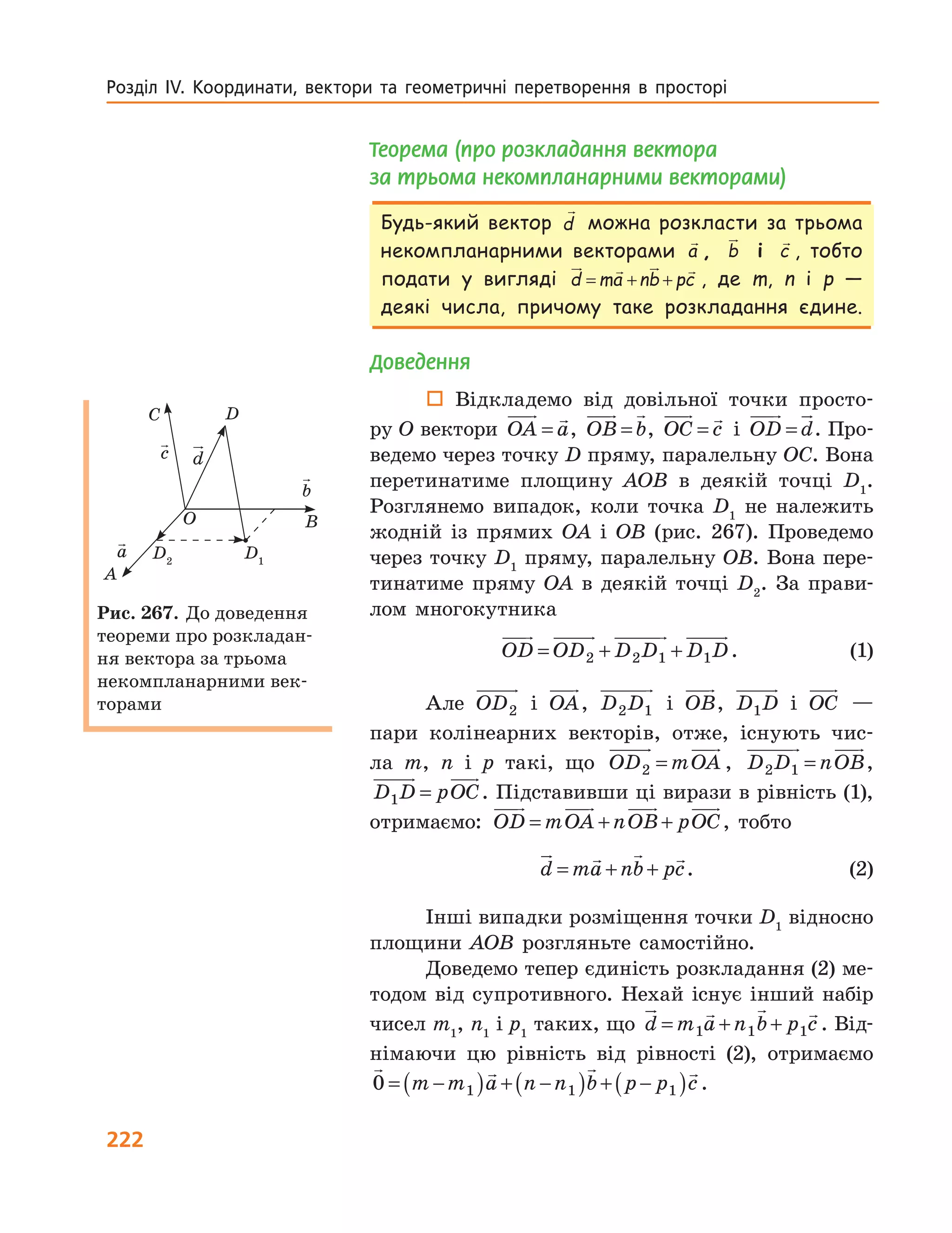 222
Розділ  ІV.  Координати,  вектори  та  геометричні  перетворення  в  просторі   
Теорема (про розкладання вектора
за трьома некомпланарними векторами)
Будь-який вектор d можна розкласти за трьома
некомпланарними векторами a , b і c , тобто
подати у вигляді d ma nb pc= + + , де m, n і p —
деякі числа, причому таке розкладання єдине.
Доведення
 Відкладемо від довільної точки просто-
ру O вектори OA a= , OB b= , OC c= і OD d= . Про-
ведемо через точку D пряму, паралельну OC. Вона
перетинатиме площину AOB в деякій точці D1
.
Розглянемо випадок, коли точка D1
не належить
жодній із прямих OA і OB (рис. 267). Проведемо
через точку D1
пряму, паралельну OB. Вона пере-
тинатиме пряму OA в деякій точці D2
. За прави-
лом многокутника
OD OD D D D D= + +2 2 1 1 . (1)
Але OD2 і OA, D D2 1 і OB, D D1 і OC —
пари колінеарних векторів, отже, існують чис-
ла m, n і p такі, що OD mOA2 = , D D nOB2 1 = ,
D D pOC1 = . Підставивши ці вирази в рівність (1),
отримаємо: OD mOA nOB pOC= + + , тобто
d ma nb pc= + + . (2)
Інші випадки розміщення точки D1
відносно
площини AOB розгляньте самостійно.
Доведемо тепер єдиність розкладання (2) ме-
тодом від супротивного. Нехай існує інший набір
чисел m1
, n1
і p1
таких, що d m a n b p c= + +1 1 1 . Від-
німаючи цю рівність від рівності (2), отримаємо
0 1 1 1= −( ) + −( ) + −( )m m a n n b p p c.
D
D1
D2
a
O
c
b
C
B
A
OD d=
Рис. 267. До доведення
теореми про розкладан-
ня вектора за трьома
некомпланарними век-
торами
 