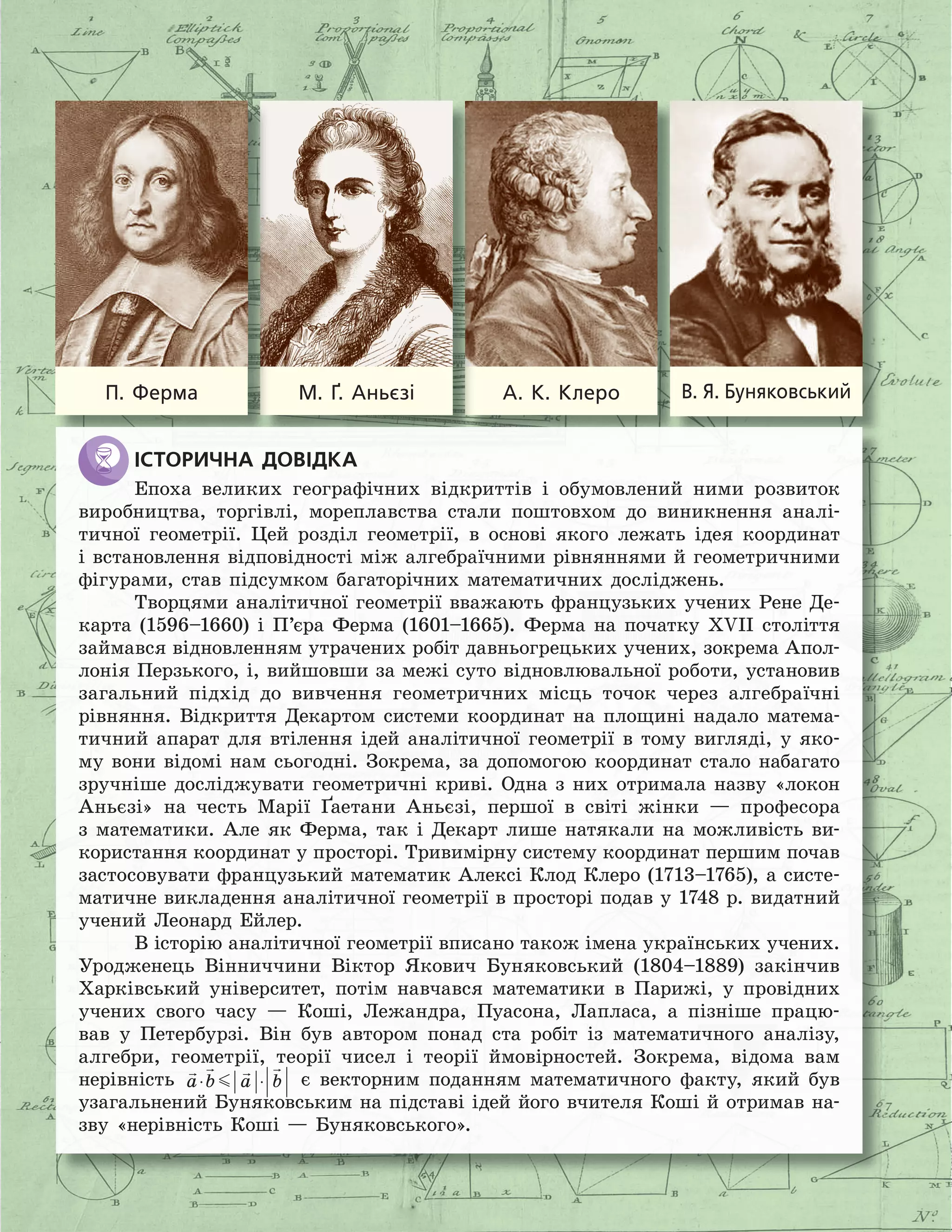 А.  К.  КлероМ.  Ґ.  АньєзіП.  Ферма В. Я. Буняковський
історичнА ДоВіДкА
Епоха великих географічних відкриттів і обумовлений ними розвиток
виробництва, торгівлі, мореплавства стали поштовхом до виникнення аналі-
тичної геометрії. Цей розділ геометрії, в основі якого лежать ідея координат
і встановлення відповідності між алгебраїчними рівняннями й геометричними
фігурами, став підсумком багаторічних математичних досліджень.
Творцями аналітичної геометрії вважають французьких учених Рене Де-
карта (1596–1660) і П’єра Ферма (1601–1665). Ферма на початку XVII століття
займався відновленням утрачених робіт давньогрецьких учених, зокрема Апол-
лонія Перзького, і, вийшовши за межі суто відновлювальної роботи, установив
загальний підхід до вивчення геометричних місць точок через алгебраїчні
рівняння. Відкриття Декартом системи координат на площині надало матема-
тичний апарат для втілення ідей аналітичної геометрії в тому вигляді, у яко-
му вони відомі нам сьогодні. Зокрема, за допомогою координат стало набагато
зручніше досліджувати геометричні криві. Одна з них отримала назву «локон
Аньєзі» на честь Марії Ґаетани Аньєзі, першої в світі жінки — професора
з математики. Але як Ферма, так і Декарт лише натякали на можливість ви-
користання координат у просторі. Тривимірну систему координат першим почав
застосовувати французький математик Алексі Клод Клеро (1713–1765), а систе-
матичне викладення аналітичної геометрії в просторі подав у 1748 р. видатний
учений Леонард Ейлер.
В історію аналітичної геометрії вписано також імена українських учених.
Уродженець Вінниччини Віктор Якович Буняковський (1804–1889) закінчив
Харківський університет, потім навчався математики в Парижі, у провідних
учених свого часу — Коші, Лежандра, Пуасона, Лапласа, а пізніше працю-
вав у Петербурзі. Він був автором понад ста робіт із математичного аналізу,
алгебри, геометрії, теорії чисел і теорії ймовірностей. Зокрема, відома вам
нерівність a b a b⋅ ⋅ є векторним поданням математичного факту, який був
узагальнений Буняковським на підставі ідей його вчителя Коші й отримав на-
зву «нерівність Коші — Буняковського».
 