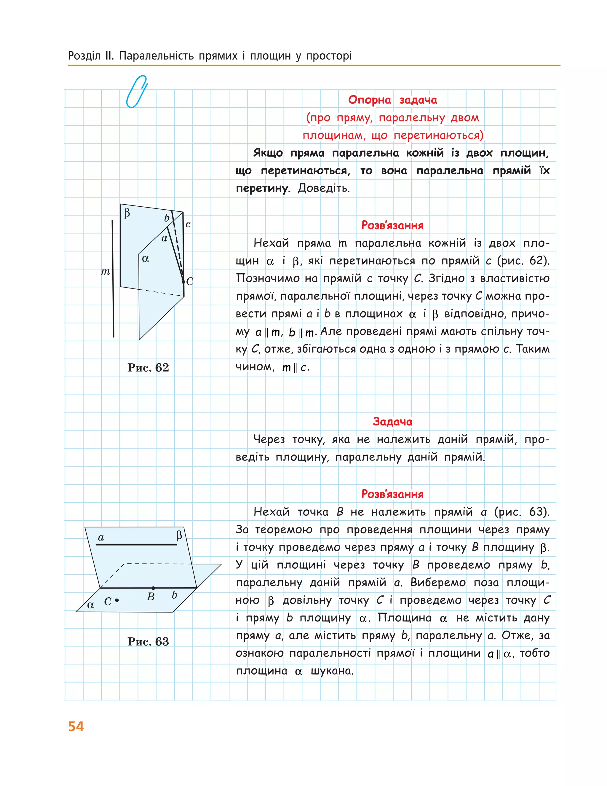 54
Розділ ІІ. Паралельність прямих і площин у просторі
Опорна задача
(про пряму, паралельну двом
площинам, що перетинаються)
Якщо пряма паралельна кожній із двох площин,
що перетинаються, то вона паралельна прямій їх
перетину. Доведіть.
Розв’язання
Нехай пряма m паралельна кожній із двох пло-
щин α і β, які перетинаються по прямій c (рис. 62).
Позначимо на прямій c точку C. Згідно з властивістю
прямої, паралельної площині, через точку С можна про-
вести прямі a i b в площинах α і β відповідно, причо-
му a m, b m. Але проведені прямі мають спільну точ-
ку C, отже, збігаються одна з одною і з прямою c. Таким
чином, m c.
Задача
Через точку, яка не належить даній прямій, про-
ведіть площину, паралельну даній прямій.
Розв’язання
Нехай точка B не належить прямій a (рис. 63).
За теоремою про проведення площини через пряму
і точку проведемо через пряму a і точку B площину β.
У цій площині через точку B проведемо пряму b,
паралельну даній прямій a. Виберемо поза площи-
ною β довільну точку C і проведемо через точку C
і пряму b площину α. Площина α не містить дану
пряму a, але містить пряму b, паралельну a. Отже, за
ознакою паралельності прямої і площини a α, тобто
площина α шукана.
α
a
b
c
C
m
β
Рис. 62
a
BCα
b
β
Рис. 63
 