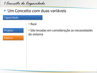 1 Conceito de Capacidade
 Um Conceito com duas variáveis
Capacidade

               Real
Projeto        São levadas em consideração as necessidades
              do sistema
Efetiva
 