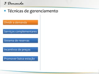 3 Demanda
 Técnicas de gerenciamento

Dividir a demanda


Serviços complementares


Sistema de reservas


Incentivos de preços


Promover baixa estação
 