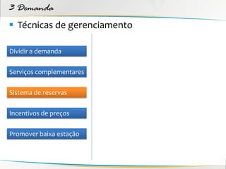 3 Demanda
 Técnicas de gerenciamento

Dividir a demanda


Serviços complementares


Sistema de reservas


Incentivos de preços


Promover baixa estação
 