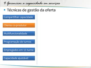 4 Gerenciar a capacidade em serviços
 Técnicas de gestão da oferta
Compartilhar capacidade

Cliente co-produtor

Multifuncionalidade

Programação de turnos

Empregados em 1/2 turno

Capacidade ajustável
 