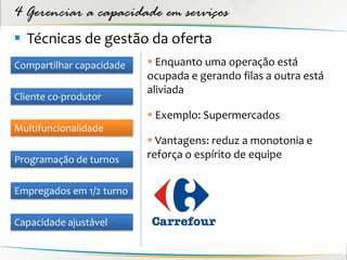 4 Gerenciar a capacidade em serviços
 Técnicas de gestão da oferta
Compartilhar capacidade    Enquanto uma operação está
                          ocupada e gerando filas a outra está
                          aliviada
Cliente co-produtor
                           Exemplo: Supermercados
Multifuncionalidade
                           Vantagens: reduz a monotonia e
Programação de turnos     reforça o espírito de equipe


Empregados em 1/2 turno

Capacidade ajustável
 