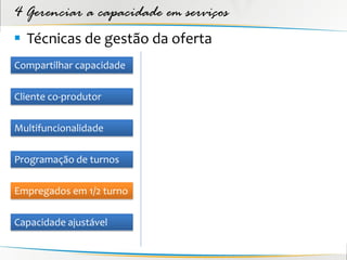 4 Gerenciar a capacidade em serviços
 Técnicas de gestão da oferta
Compartilhar capacidade

Cliente co-produtor

Multifuncionalidade

Programação de turnos

Empregados em 1/2 turno

Capacidade ajustável
 
