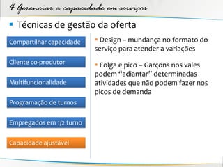 4 Gerenciar a capacidade em serviços
 Técnicas de gestão da oferta
Compartilhar capacidade    Design – mundança no formato do
                          serviço para atender a variações
Cliente co-produtor        Folga e pico – Garçons nos vales
                          podem “adiantar” determinadas
Multifuncionalidade       atividades que não podem fazer nos
                          picos de demanda
Programação de turnos

Empregados em 1/2 turno

Capacidade ajustável
 