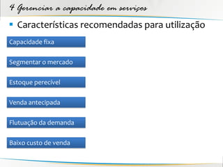 4 Gerenciar a capacidade em serviços
 Características recomendadas para utilização
Capacidade fixa

Segmentar o mercado

Estoque perecível

Venda antecipada

Flutuação da demanda

Baixo custo de venda
 