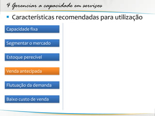 4 Gerenciar a capacidade em serviços
 Características recomendadas para utilização
Capacidade fixa

Segmentar o mercado

Estoque perecível

Venda antecipada

Flutuação da demanda

Baixo custo de venda
 