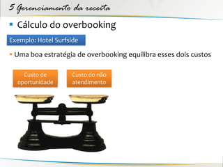 5 Gerenciamento da receita
 Cálculo do overbooking
Exemplo: Hotel Surfside

 Uma boa estratégia de overbooking equilibra esses dois custos

    Custo de        Custo do não
  oportunidade      atendimento
 