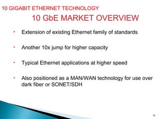 10 GIGABIT ETHERNET TECHNOLOGY  10 GbE MARKET OVERVIEW Extension of existing Ethernet family of standards Another 10x jump for higher capacity Typical Ethernet applications at higher speed Also positioned as a MAN/WAN technology for use over dark fiber or SONET/SDH  