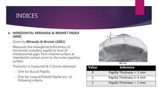 INDICES
 HORIZONTAL MIRANDA & BRUNET INDEX
(MBI)
- Given by Miranda & Brunet (2001)
- Measures the enlargement/thickness of
horizontal nodullary papilla at level of
interproximal gaps from enamel surface at
interdental contact point to the outer papillary
surface
- Thickness is measured & 2 Scores obtained
- One for Buccal Papilla
- One for Lingual/Palatal Papilla acc. to
following criteria
Value Inference
0 Papilla Thickness < 1 mm
1 Papilla Thickness 1–2 mm
2 Papilla Thickness > 2 mm
 