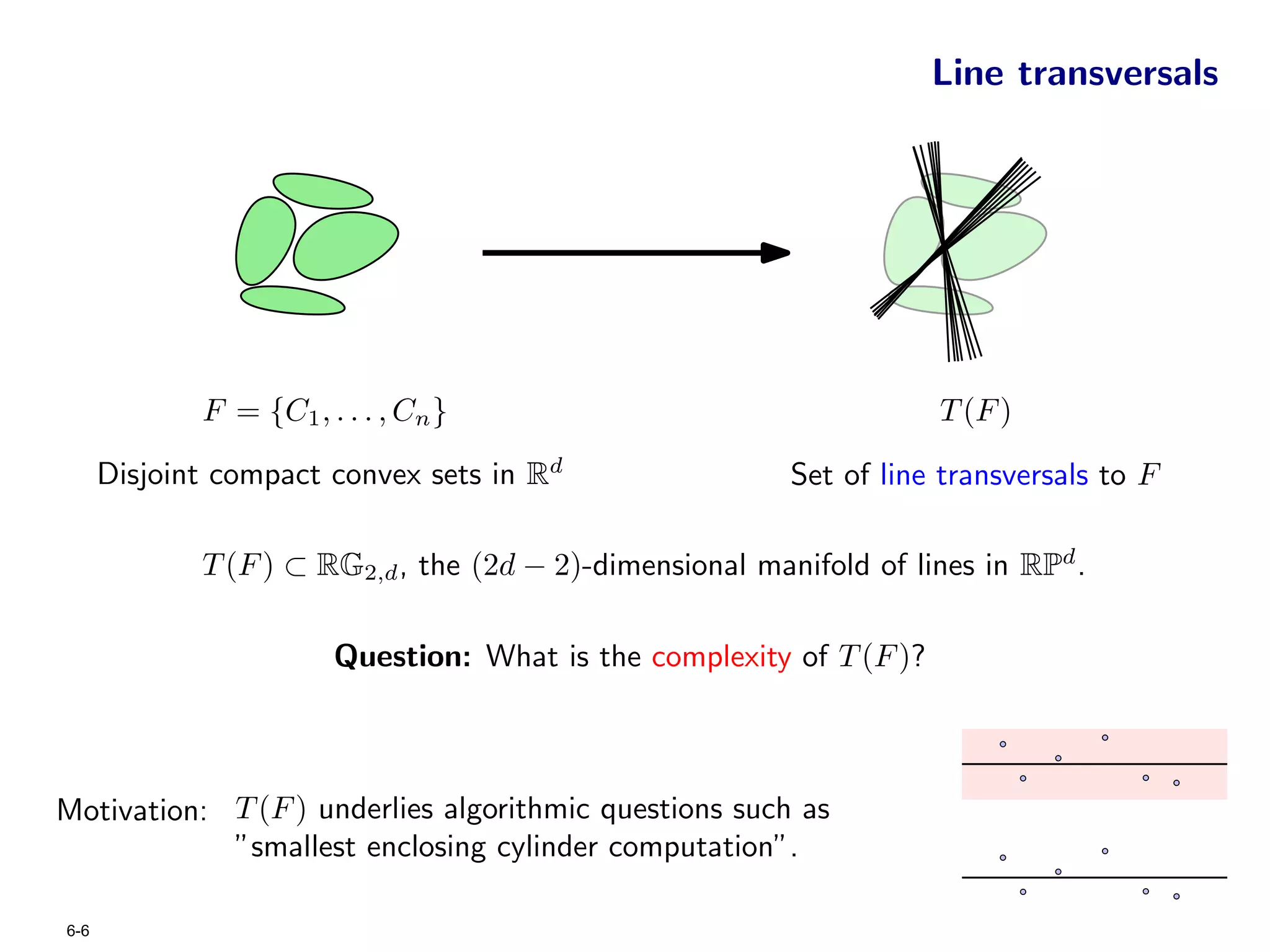 Line transversals




             F = {C1 , . . . , Cn }                                   T (F )

      Disjoint compact convex sets in Rd                  Set of line transversals to F

             T (F ) ⊂ RG2,d , the (2d − 2)-dimensional manifold of lines in RPd .

                        Question: What is the complexity of T (F )?



Motivation: T (F ) underlies algorithmic questions such as
            ”smallest enclosing cylinder computation”.

6-6
 