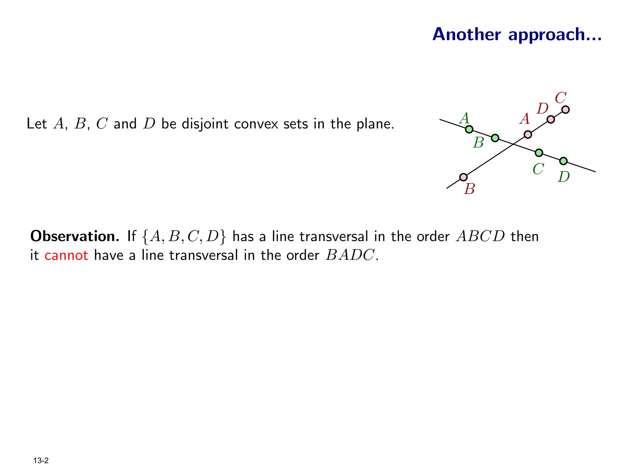 Another approach...


                                                                              C
                                                                          D
Let A, B, C and D be disjoint convex sets in the plane.       A       A
                                                                  B
                                                                          C
                                                                              D
                                                              B


Observation. If {A, B, C, D} has a line transversal in the order ABCD then
it cannot have a line transversal in the order BADC.




 13-2
 
