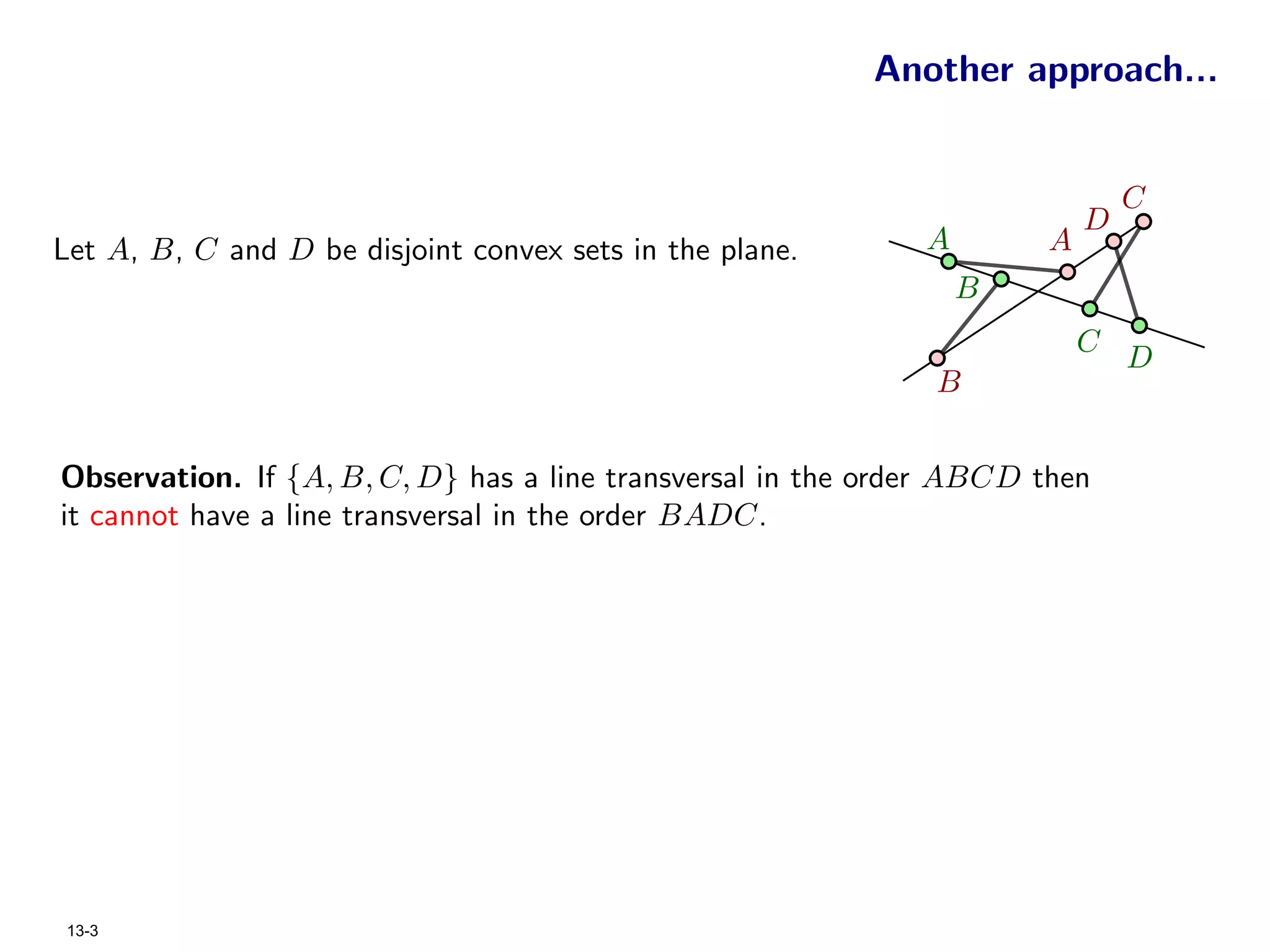 Another approach...


                                                                              C
                                                                          D
Let A, B, C and D be disjoint convex sets in the plane.       A       A
                                                                  B
                                                                          C
                                                                              D
                                                              B


Observation. If {A, B, C, D} has a line transversal in the order ABCD then
it cannot have a line transversal in the order BADC.




 13-3
 