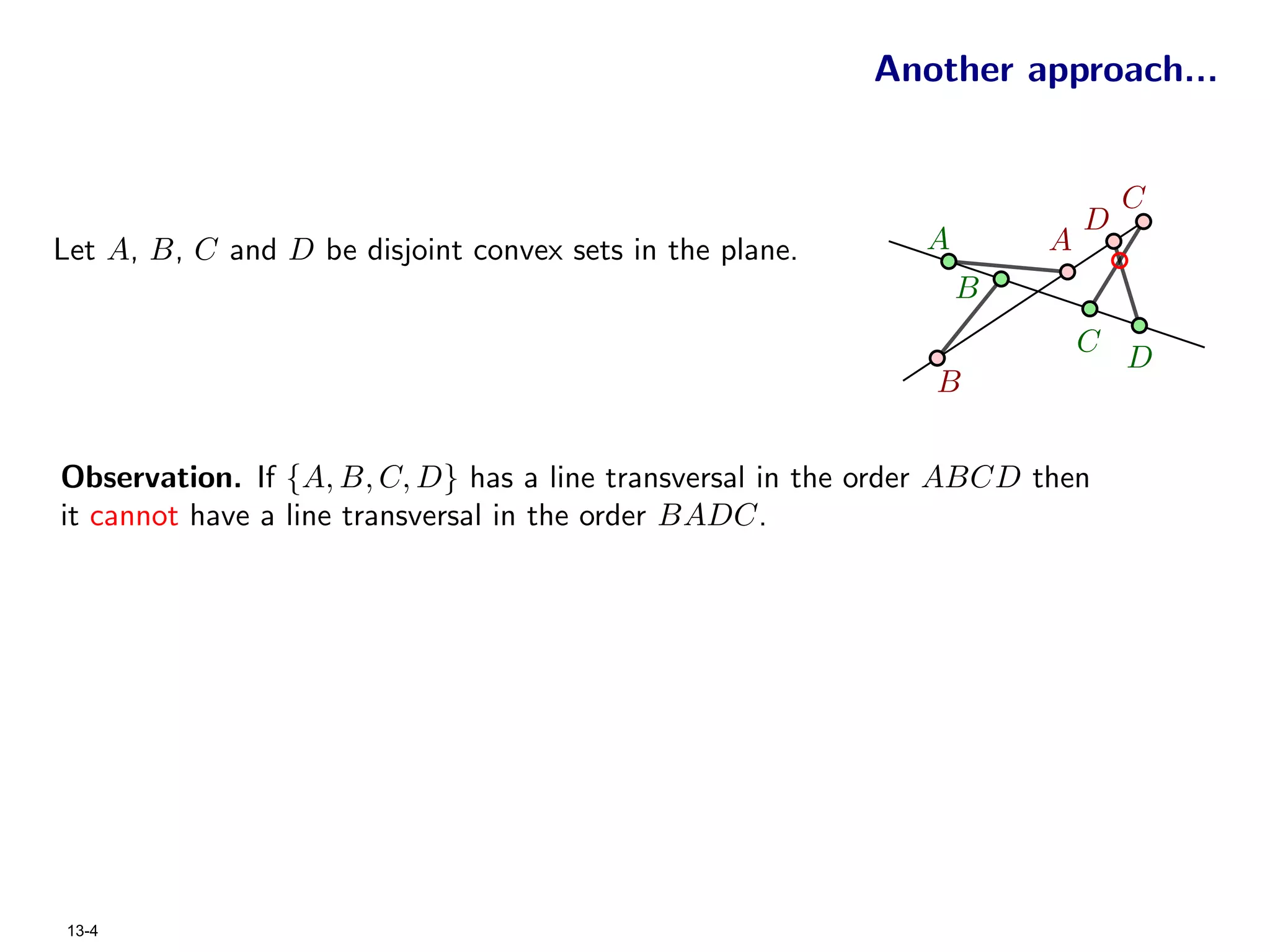 Another approach...


                                                                              C
                                                                          D
Let A, B, C and D be disjoint convex sets in the plane.       A       A
                                                                  B
                                                                          C
                                                                              D
                                                              B


Observation. If {A, B, C, D} has a line transversal in the order ABCD then
it cannot have a line transversal in the order BADC.




 13-4
 