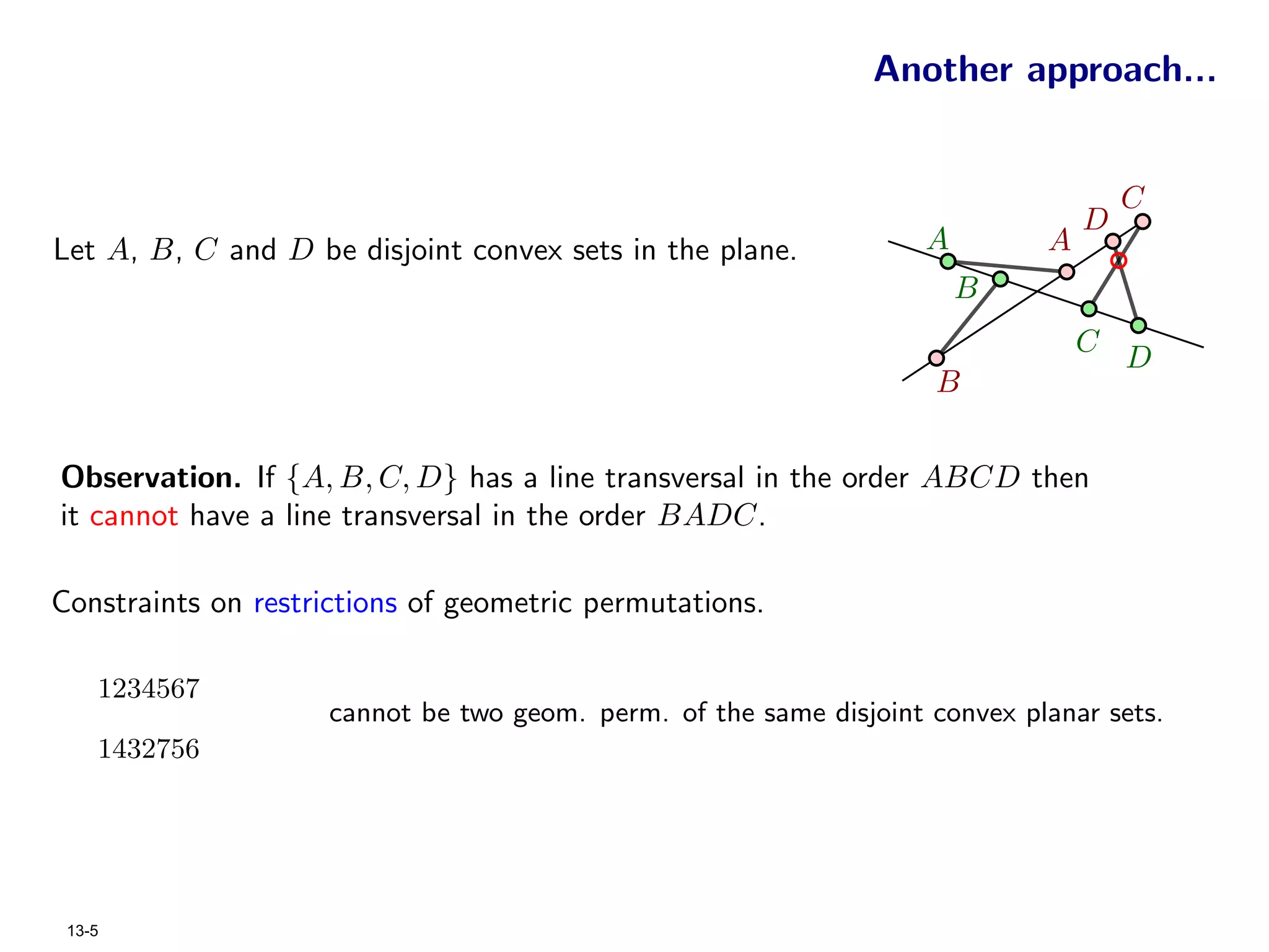 Another approach...


                                                                                     C
                                                                                 D
Let A, B, C and D be disjoint convex sets in the plane.             A        A
                                                                        B
                                                                                 C
                                                                                     D
                                                                    B


Observation. If {A, B, C, D} has a line transversal in the order ABCD then
it cannot have a line transversal in the order BADC.

Constraints on restrictions of geometric permutations.

    1234567
                     cannot be two geom. perm. of the same disjoint convex planar sets.
    1432756




 13-5
 